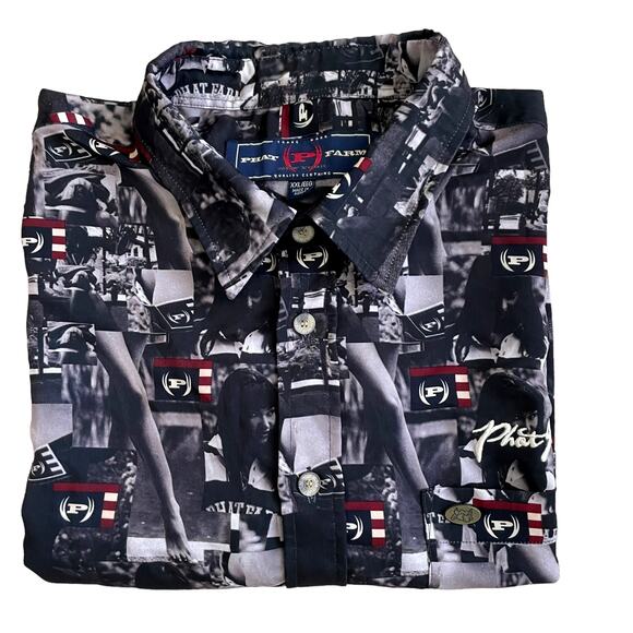Vintage PHAT FARM Men's Kimora Lee Simmons Allover Print Shirt Black Size 2XL - Picture 1 of 15